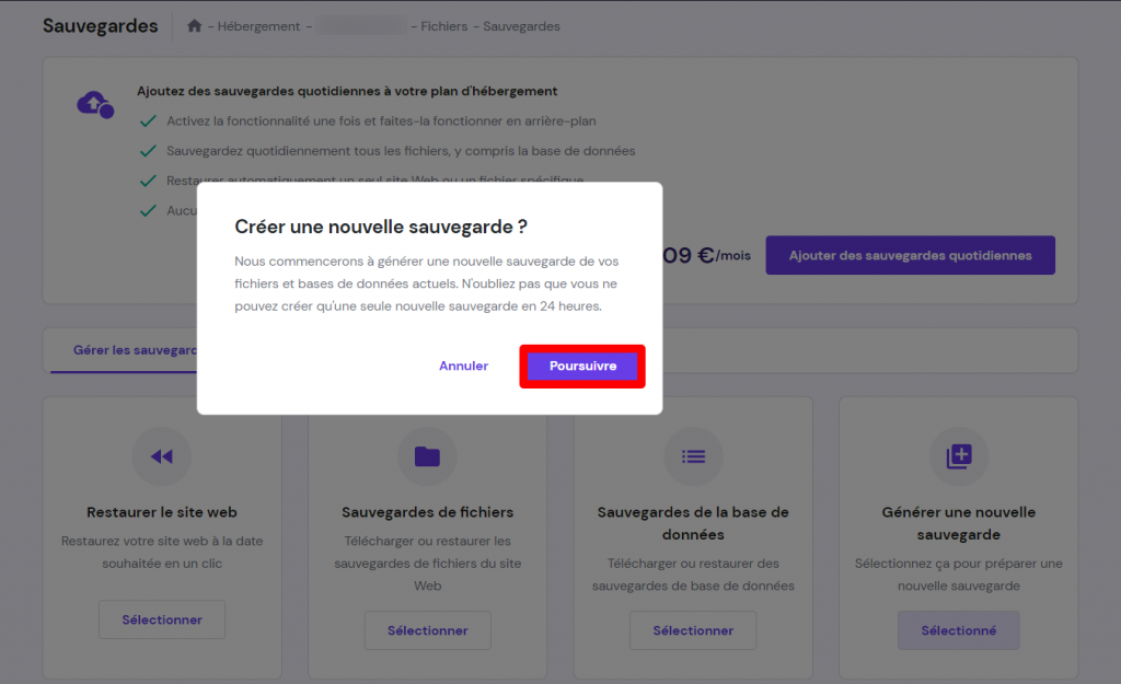 Créer une nouvelle sauvegarde sur hPanel 