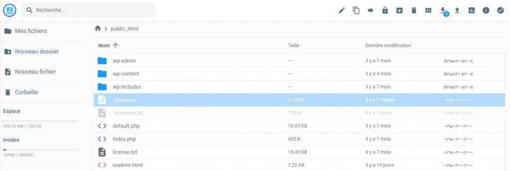 Le fichier .htaccess sur le gestionnaire de fichiers de hPanel