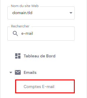 La barre latérale du tableau de bord de l'hébergement sur hPanel, mettant en évidence le menu Comptes Emails