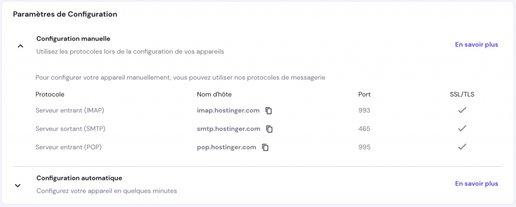 capture d'écran montrant les paramêtres de configuration des comptes email sur hPanel d'Hostinger