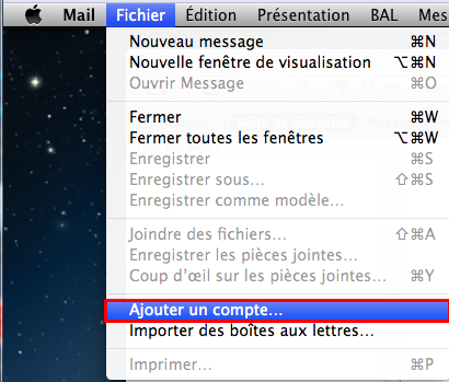 Menu fichier sur Mac avec l'option Ajouter un compte mise en évidence