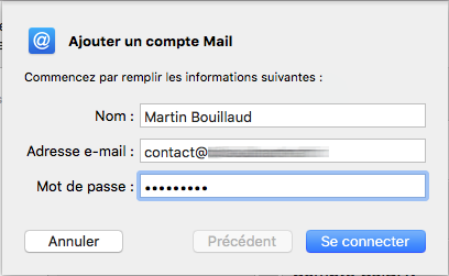 Formulaire de connexion pour ajouter un nouveau compte email sur Mac