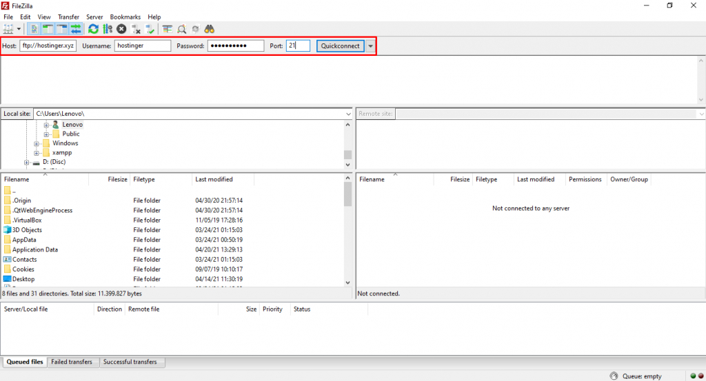 Saisir les informations d'identification FTP sur Filezilla