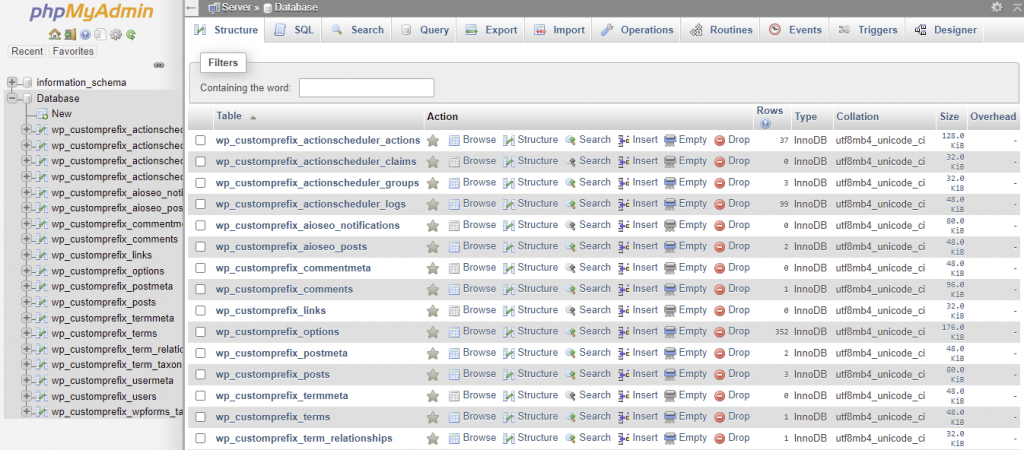 Accès à la base de données après avoir changé le préfixe de la table via phpMyAdmin.