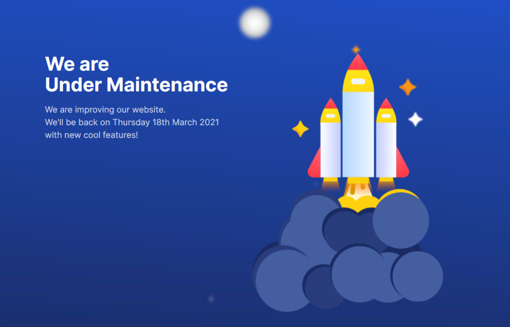 Une page d'atterrissage affichant un message "En cours de maintenance"