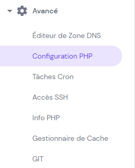 Le menu configuration PHP