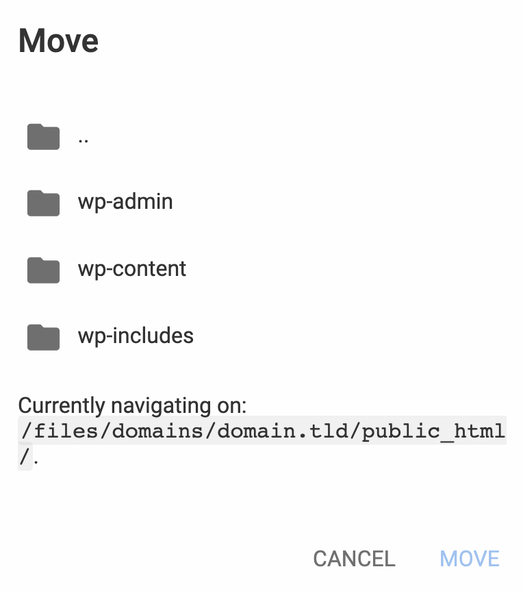 fenêtre contextuelle permettant de déplacer les contenus d'un répertoire dans le gestionbaire de fichiers Hostinger