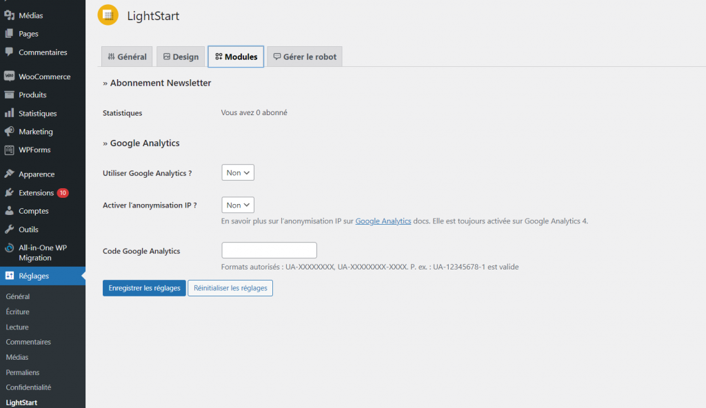 Paramètres des modules du plugin LighStart