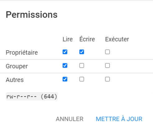 La fenêtre Permissions du gestionnaire de fichiers