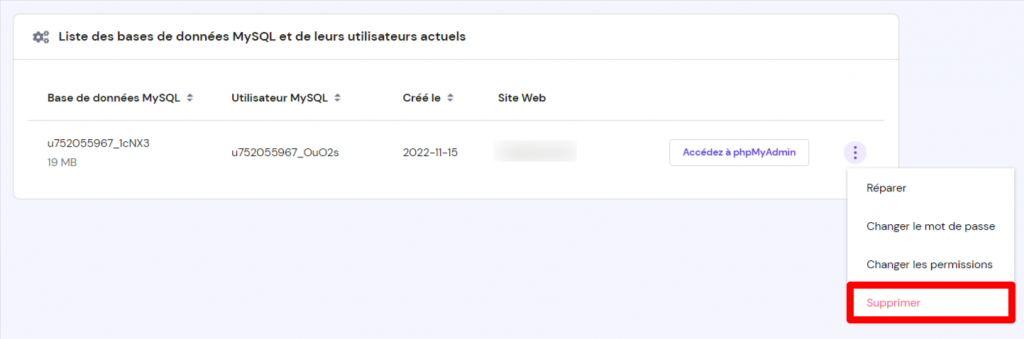 La section Liste des bases de données MySQL et leurs utilisateurs actuels sur hPanel, avec le bouton Supprimer en surbrillance.