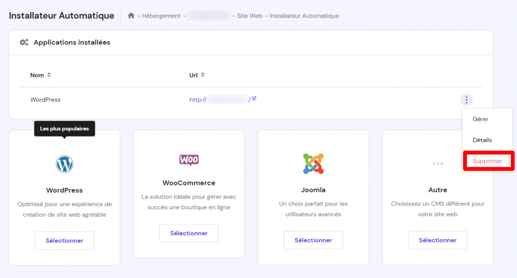 Supprimer site WordPress depuis l'installateur automatique du hPanel