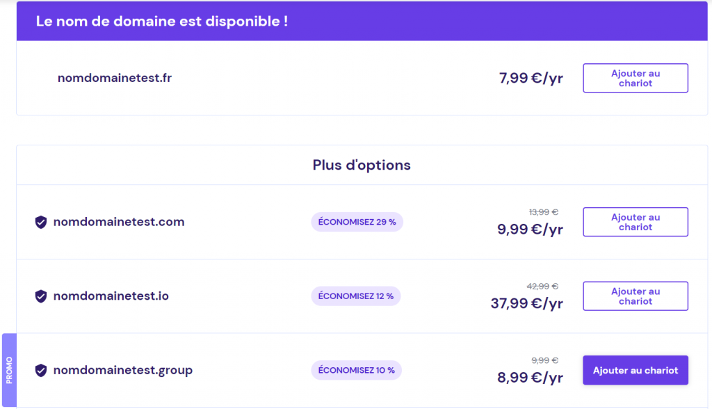 écran montrant les noms de domaines disponibles avec le vérificateur de noms de domaines d'Hostinger