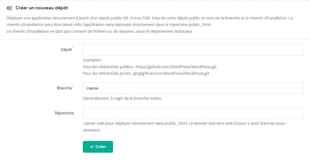 Zone Git dans la section Avancé sur hPanel