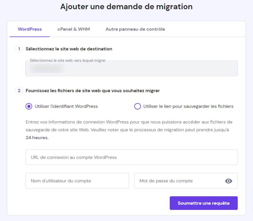 La page Ajouter une demande de migration sur hPanel