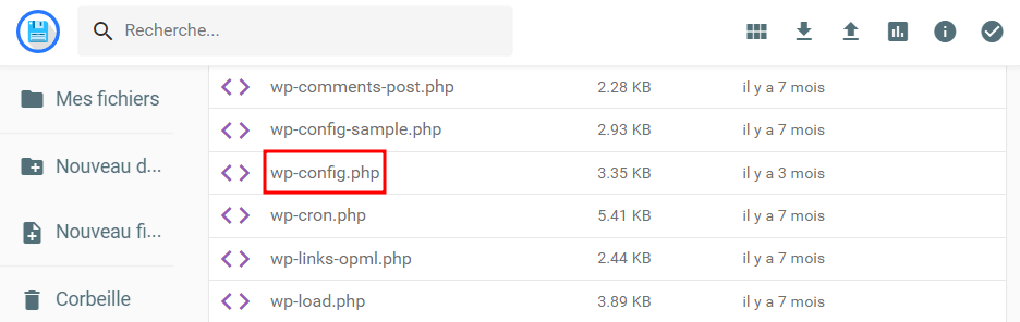 Le fichier wp-config.php dans le gestionnaire de fichiers de hPanel.