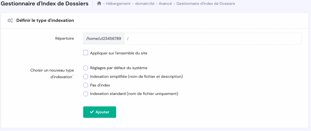 Le gestionnaire d'index de dossiers sous la section "Avancé" dans hPanel