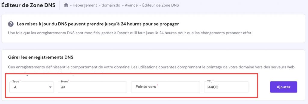 capture qui montre comment ajouter l'enregistrement A sur l'éditeur DNS hPanel