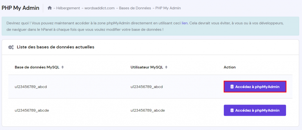 La page phpMyAdmin sur hPanel