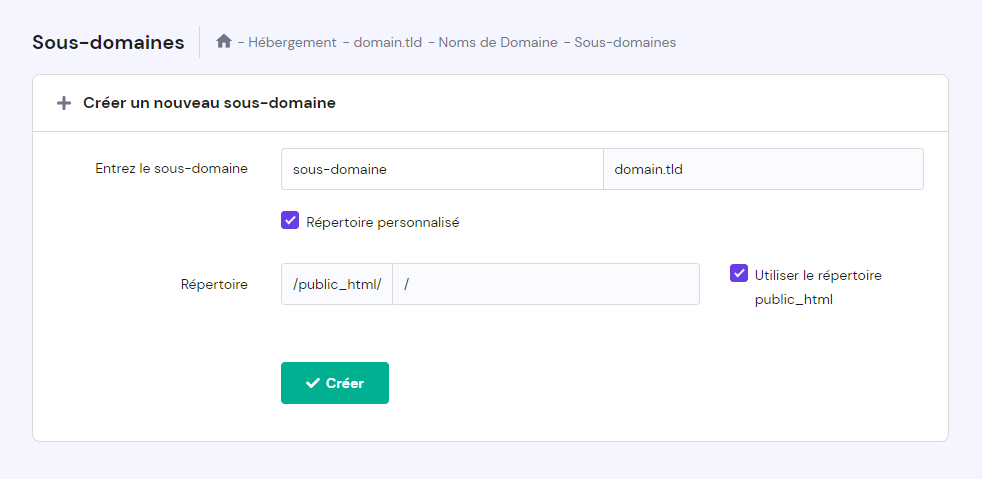 création sous domaines sur hpanel