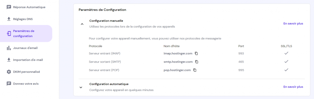 Affichage des détails de l'email utilisé pour la configuration d'un client de messagerie.