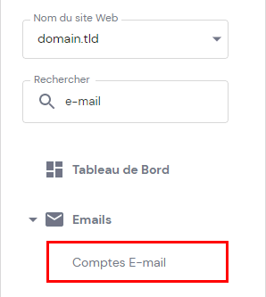 Sélectionner comptes e-mail sur le tableau de bord hPanel