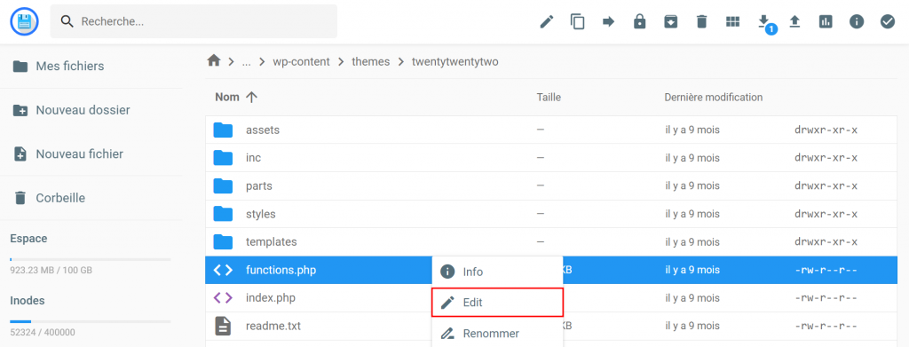 Le bouton Edit dans le gestionnaire de fichiers