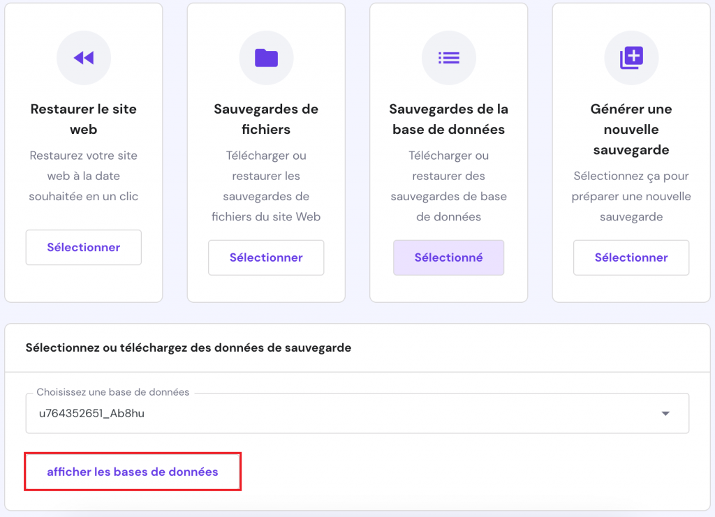 Le bouton de création de sauvegarde de base de données WordPress dans hPanel