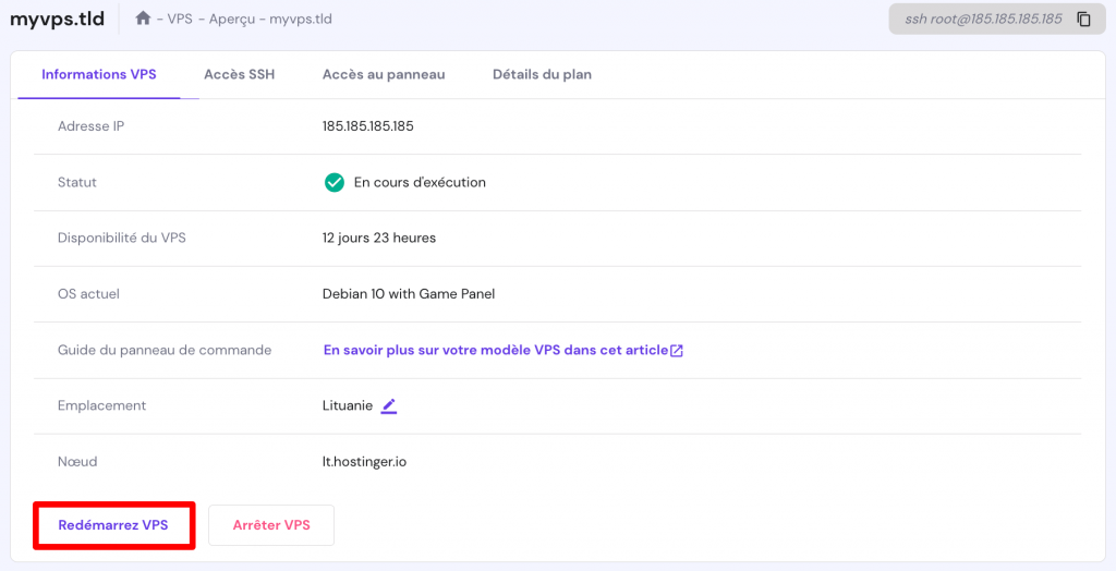 redémarrage du serveur VPS pour régler l'erreur 503