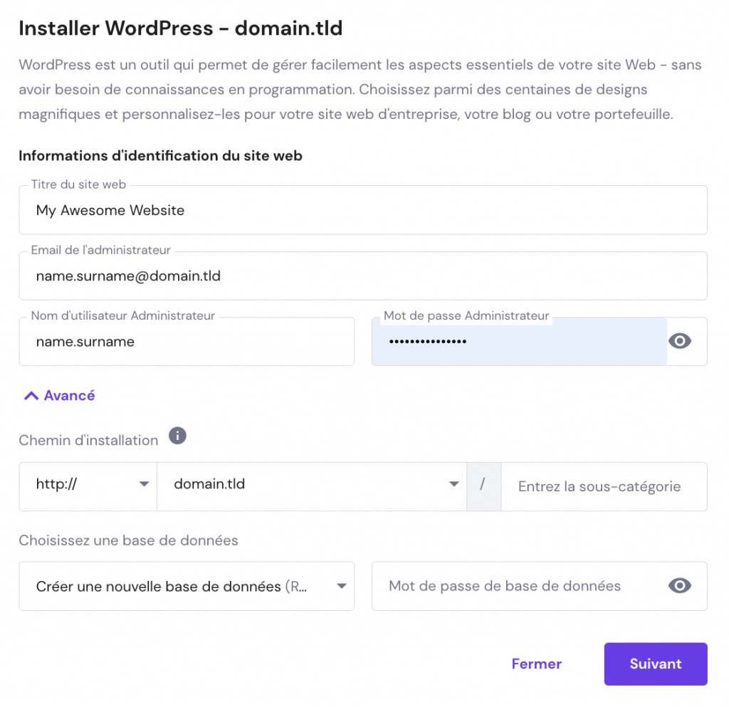 Le formulaire Installer WordPress sur hpanel