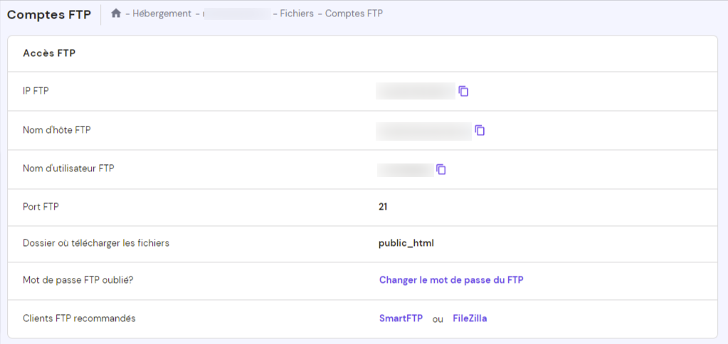 informations d'identification de votre compte FTP sur hPanel