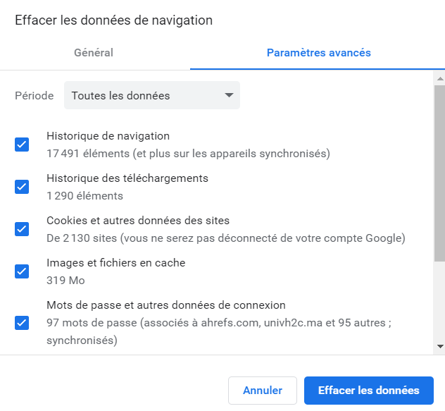 Paramètres avancés des données du navigateur sur Google Chrome 