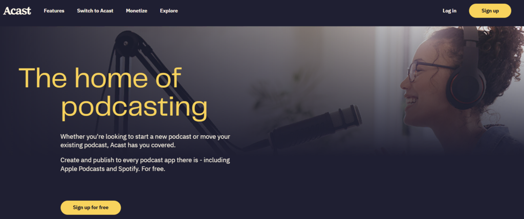 La page d'accueil d'Acast, une plateforme freemium d'hébergement de podcasts aux fonctionnalités variées