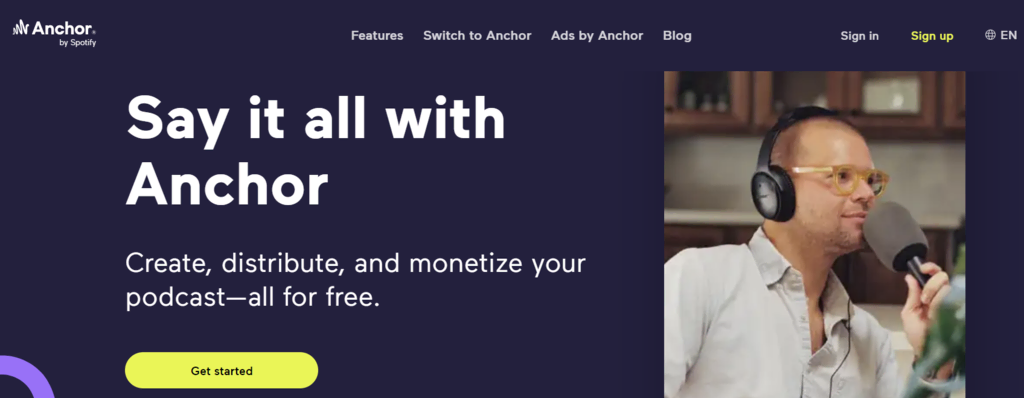 La page d'accueil d'Anchor, une plateforme de podcast alimentée par Spotify