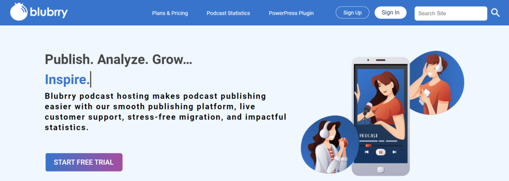 La page d'accueil de Blubrry, un service d'hébergement de podcasts qui propose un site WordPress gratuit.