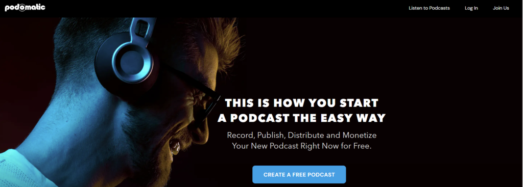 La page d'accueil de Podomatic, un service d'hébergement de podcasts doté d'une application mobile.