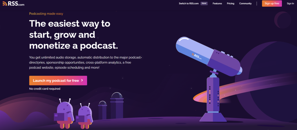 La page d'accueil de RSS.com, un hébergeur de podcasts populaire qui convient aux débutants et aux podcasteurs expérimentés.