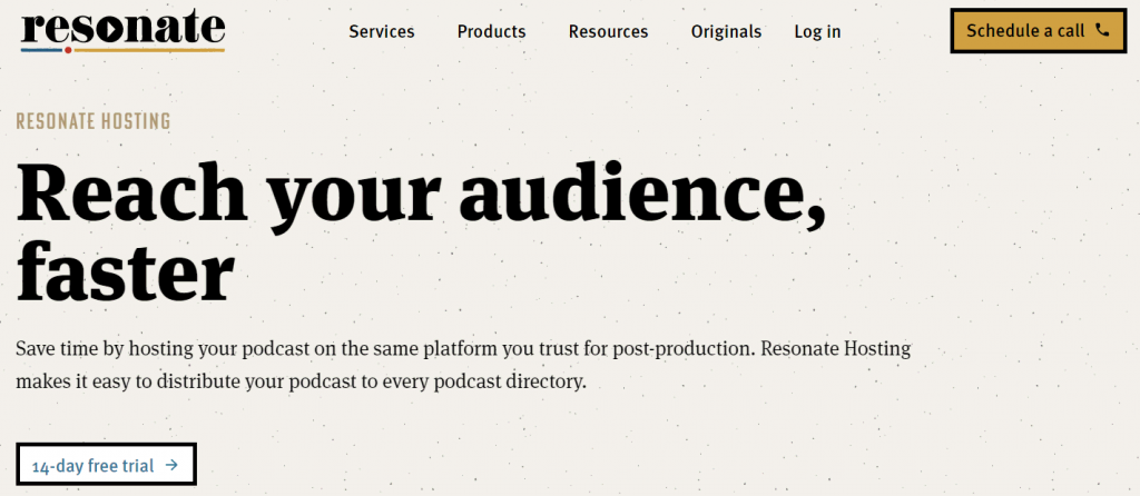 La page du produit d'hébergement de Resonate, une société de production de podcasts