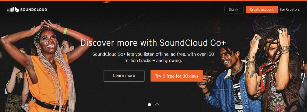 La page d'accueil de SoundCloud, une plateforme populaire de diffusion de musique en continu.