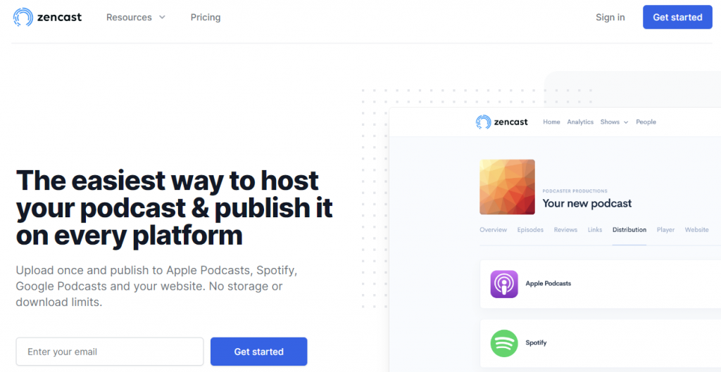 La page d'accueil de Zencast, un service d'hébergement de podcasts qui propose des intégrations avec d'autres plateformes médiatiques populaires.
