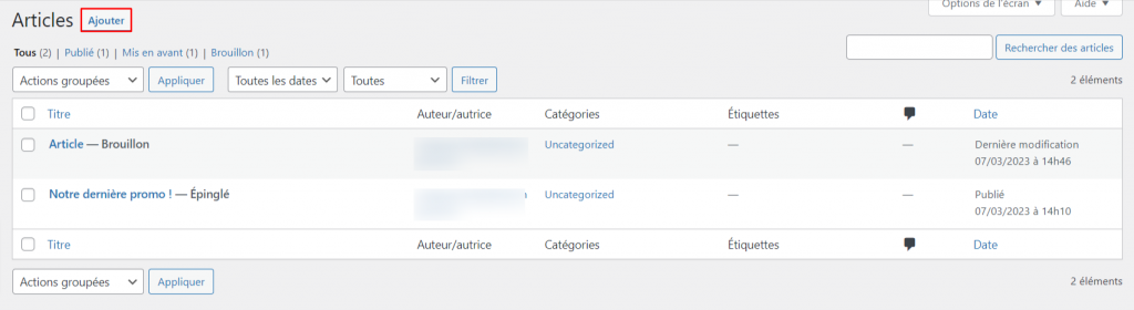 La page Articles du tableau de bord de WordPress avec le bouton Ajouter en surbrillance.