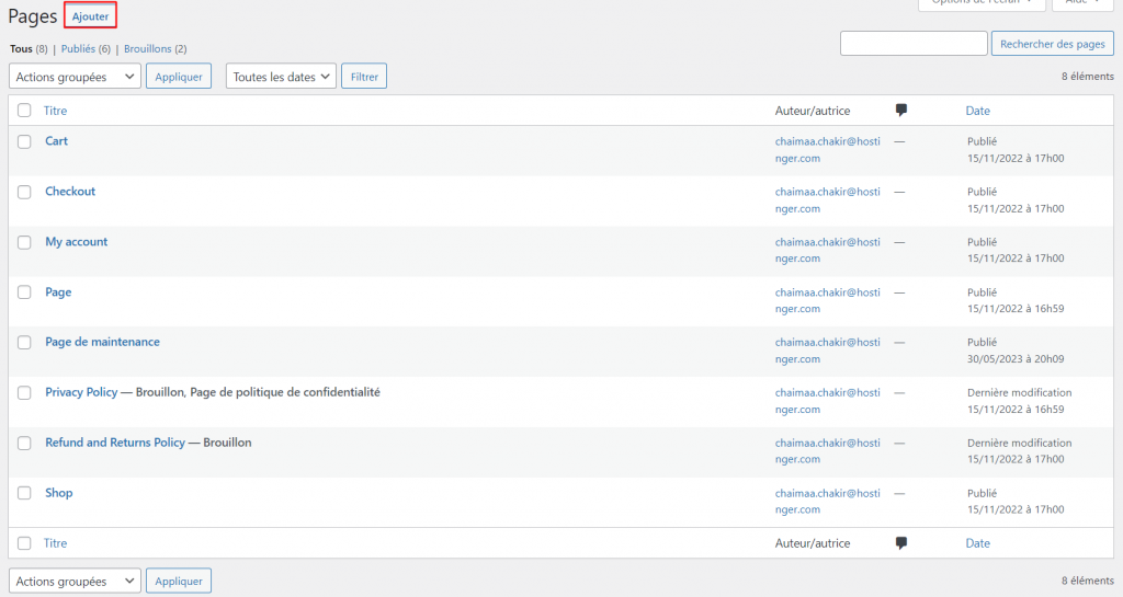 Ajouter une nouvelle page dans le tableau de bord de WordPress