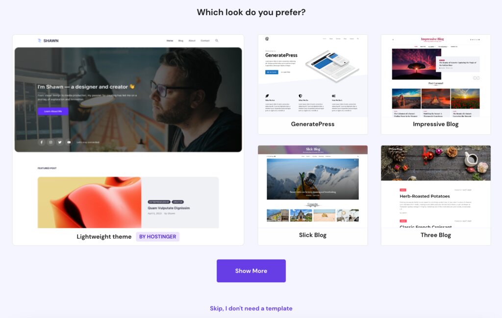 Une sélection de thèmes de sites web dans l'assistant d'installation, y compris le thème de blog de Hostinger.