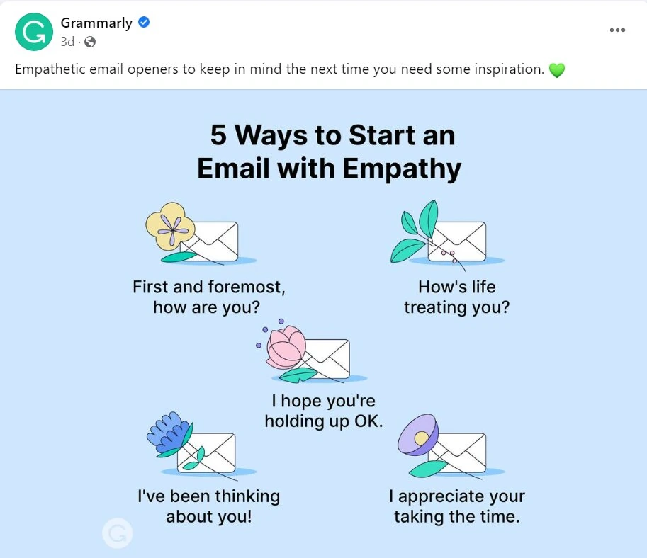 Contenu visuel de Grammarly. "5 façons de commencer un courriel avec empathie".