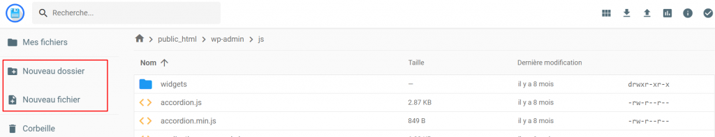 Emplacement des boutons Nouveau fichier et Nouveau dossier dans le gestionnaire de fichiers Hostinger