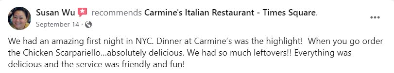Témoignage d'un client sur le restaurant italien Carmine's