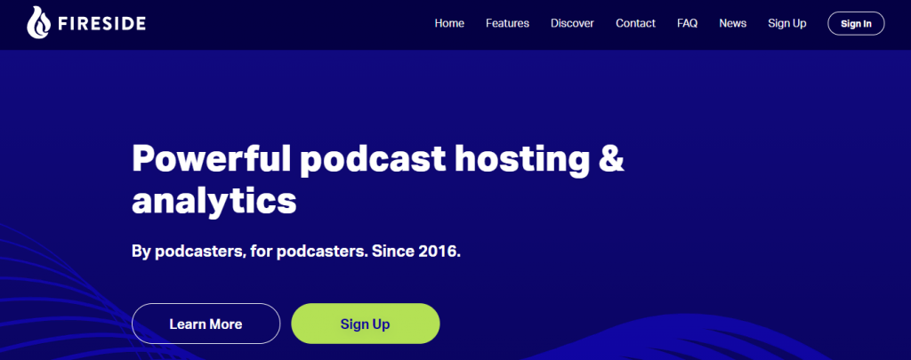 La page d'accueil de Fireside, une plateforme de podcasts dotée d'outils d'analyse