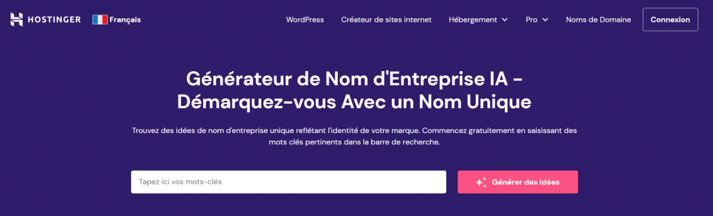 Page du générateur de noms d'entreprise sur le site web d'Hostinger