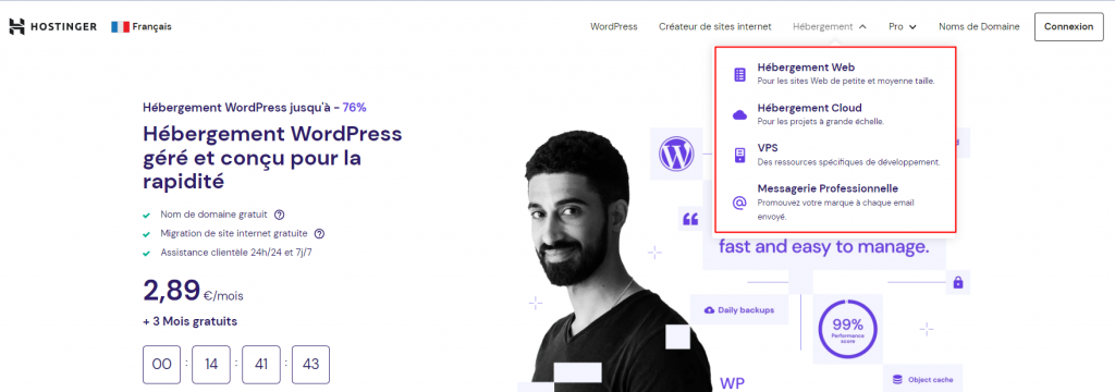 menu déroulant sur le site de hostinger