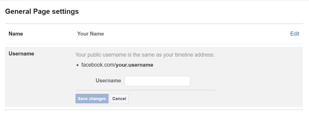 Les paramètres généraux de la page Facebook affichent un champ permettant de saisir votre nom d'utilisateur.