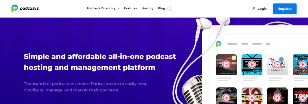La page d'accueil de Podcasts.com, une plateforme d'hébergement de podcasts conviviale pour les débutants.